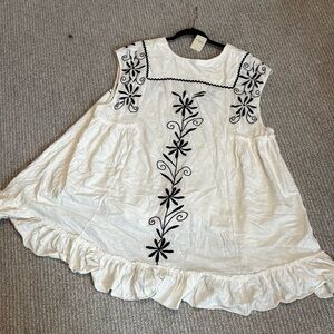 Free People White Sleeveless Tunic with Black Floral Embroidery